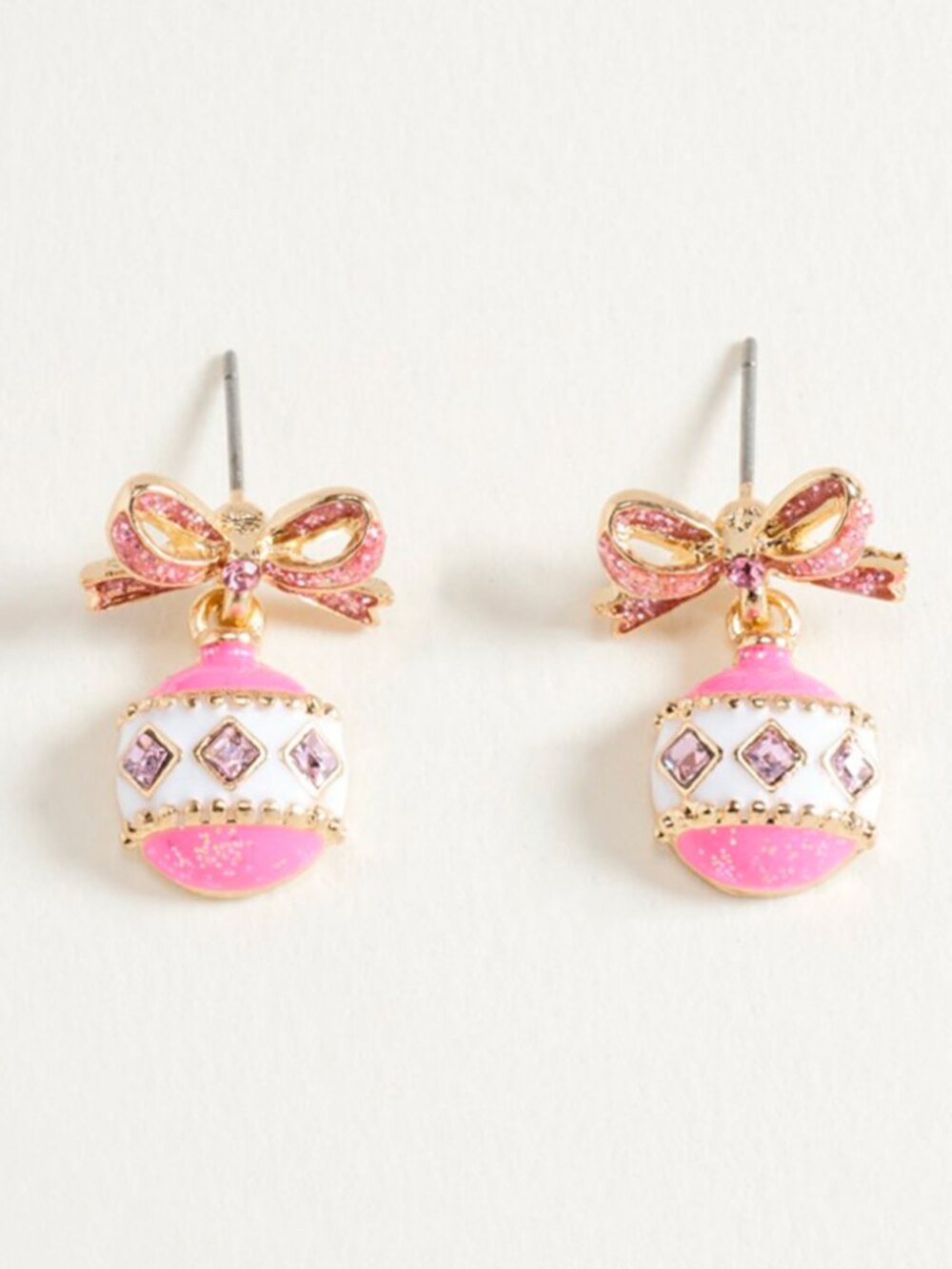 Christmas Ornament Charm Drop Dangle Earrings - Pink or Gold